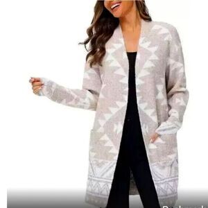 Frye Gray and Cream Cardigan Sweater with Open Front and Long Length